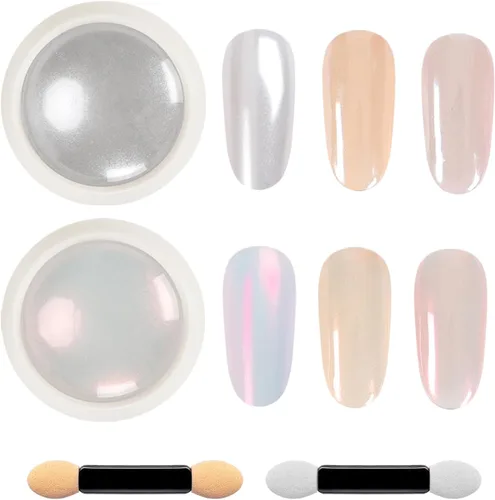 Juego de 2 frascos de polvo de uñas de cromo perla, polvo de uñas de sirena cromado, kit de polvo iridiscente con purpurina iridiscente, decoración
