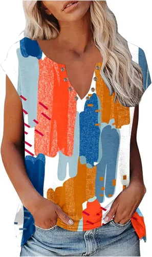 Ceboyel Camisetas degradadas para mujer, manga casquillo, blusas de verano, camisas con cuello en V, túnica de vestir, casual, ropa de mujer 2023