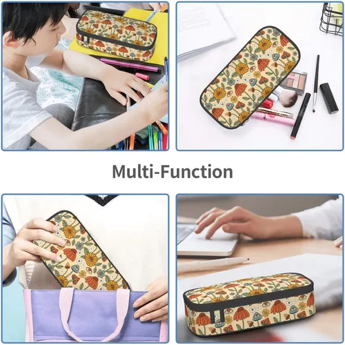 Miniatura 7 de Estuche organizador retro hippie de los años 70 con diseño de hongos florales de gran capacidad, papelería con cremallera, suministros escolares