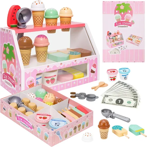 ZJEFUNS Juguetes de Helado de Madera para Niños, Tienda de Helados de Juguete para Niños Pequeños, Comida de Simulación para Jugar, Servir con Rosa