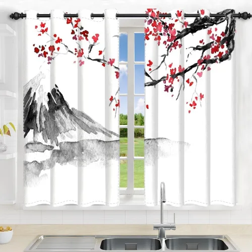 Miniatura 145 de Cortinas japonesas con pintura de tinta, monte Fuji, sol rojo, puesta de sol, hojas de bambú, cortinas de ventana para dormitorio, sala de estar