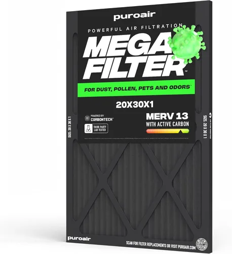 Miniatura 21 de PuroAir Filtro Mega - Filtro de aire de 12x12x1 MERV 13 para el hogar con carbón activado - Filtros alérgenos, caspa de mascotas, humo, polvo