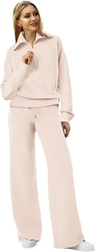 Miniatura 2 de XIEERDUO Conjuntos de descanso para mujer 2023 sudadera de gran tamaño con media cremallera y pantalón deportivo de pierna ancha de 2 piezas