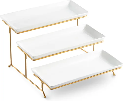 Miniatura 11 de LYEOBOH Juego de soporte y bandejas escalonadas, soporte grande para bandeja escalonada, bandeja para servir de 3 niveles con estante plegable más