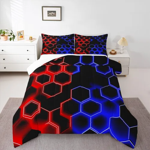 Miniatura 11 de Feelyou Juego de ropa de cama de panal de abeja, tamaño individual, juego de edredón hexagonal verde para niños y niñas, decoración geométrica