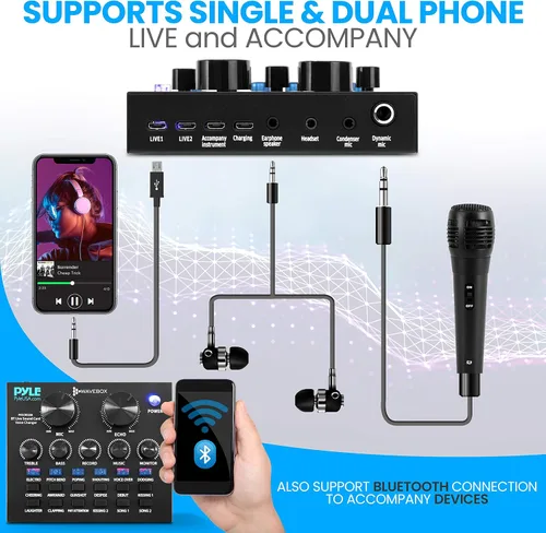 Miniatura 6 de Pyle PKSCRD208 - Mini interfaz de audio Bluetooth, mezclador de podcasts, transmisión en vivo para PC y iPhone, cambiador de voz V8 con 12 efectos