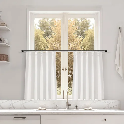 Miniatura 156 de Juego de 2 paneles de cortinas de ventana de cocina beige de 24 pulgadas de largo, con textura de lino, plisadas, filtrantes de luz, semi pequeñas