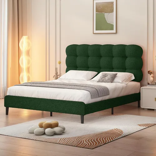 Miniatura 13 de Base de cama individual BarnFurin, cama plataforma con cabecero tapizado, base de cama de tela de bouclé suave con soporte de listones de madera