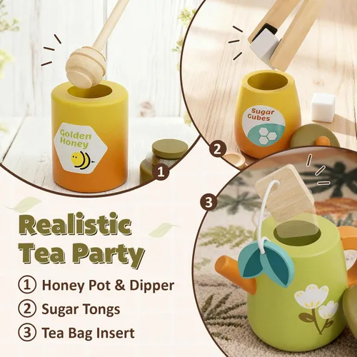 Miniatura 3 de Juego de té de madera para niños pequeños, juguetes de fiesta de té de simulación para niños de 3 a 5 años, regalo para niñas y niños