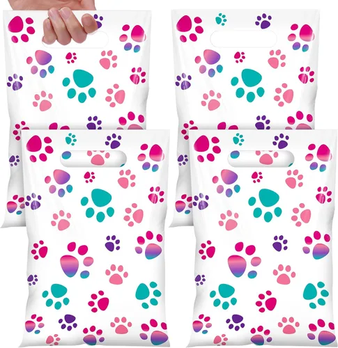 Miniatura 12 de Pasimy 100 bolsas de regalo de pata de perro a granel, diseño de pata de mascota, bolsas de plástico con asa para decoración de fiesta de cumpleaños