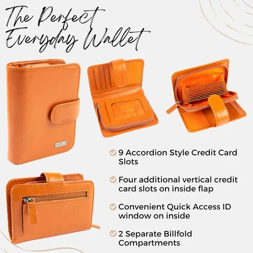 Miniatura 3 de Billetera de cuero para mujer con acordeón RFID con monedero, Naranja, Contemporáneo
