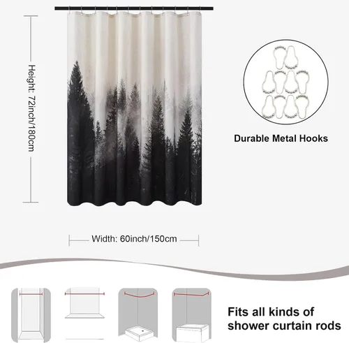 Miniatura 2 de ORTIGIA Cortina de ducha con diseño de bosque de montaña, tela de lino de mezcla pesada, árbol natural negro, cortina de baño de bosque brumoso, 60