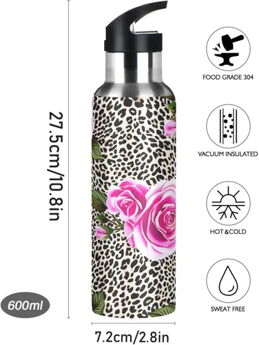 Miniatura 9 de Pink Roses Leopard Print Stainless Steel Vacuum Insulated Water Bottle 20 Oz Leakproof Water Bottles, BPA-Free Sport Water Bottle Insulated
