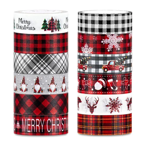 Whaline 12 rollos de cinta Washi de Navidad a cuadros, árbol de Navidad, copo de nieve, gnomo, camión, cinta adhesiva de 0.59 pulgadas, rojo y negro