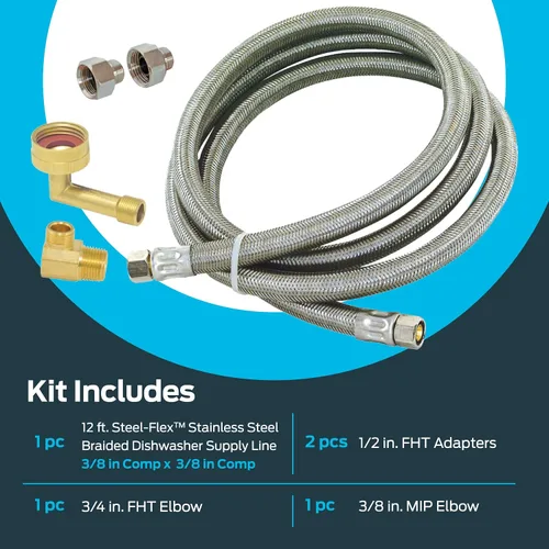 Miniatura 3 de Eastman Kit de instalación para lavavajillas, línea de suministro de acero inoxidable trenzado de 12 pies con adaptadores, extremos de compresión