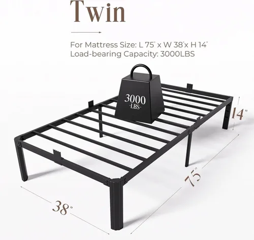 Miniatura 3 de Base de cama metálica de 14 pulgadas tamaño individual, bases de cama de plataforma de color negro resistentes tamaño individual con patas