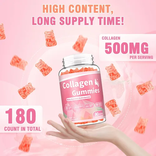 Miniatura 2 de 180 unidades de gomitas de colágeno 2500mg de proteína de colágeno tipo I II III V X con biotina, vitamina C, A, B, D, E, queratina, ácido