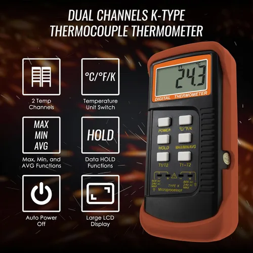 Miniatura 3 de Termómetro de termopar tipo K (-50 ~ 2,372.0 °F), termómetro digital de canales dobles con 2 abrazaderas de temperatura, 2 sondas de termopar