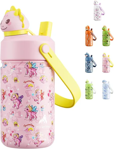 Miniatura 14 de POWCAN 12 oz Insulated Water Bottle for School: 2-in-1 Straw Spout Lid with Soft Animal Head, BPA-Free, Leakproof, Keep Cold 24H, Easy Carry
