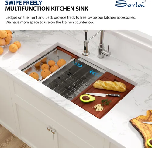 Miniatura 4 de Sarlai 33 Fregadero de Cocina Empotrado - Fregadero de 33 x 19 Pulgadas Bajo Encimera Estación de Trabajo de Profundidad Sencillo Tazón 16 Calibre