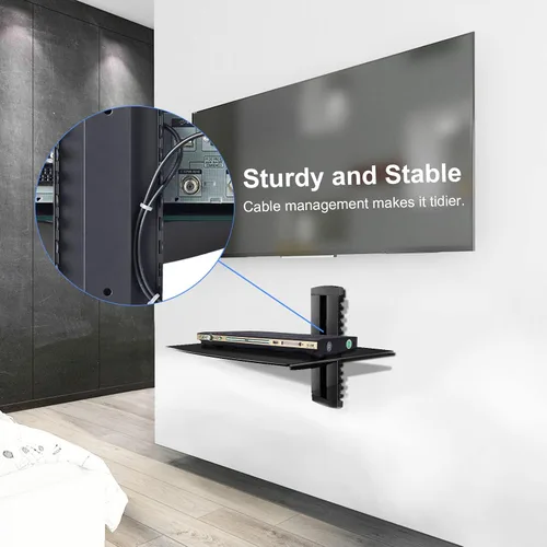 Miniatura 9 de suptek Estante flotante de vidrio, estante multimedia de 1 nivel para accesorios de TV, soporte de montaje en pared negro plano, capacidad