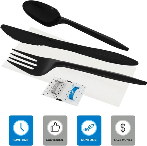 Miniatura 3 de 500 paquetes de juego de cuchillo, tenedor, cuchara, servilleta, sal y pimienta, cubiertos de plástico negro envueltos individualmente para entrega