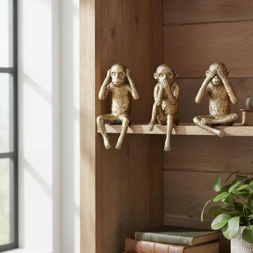 Miniatura 5 de Juego de estatuas de 3 monos sabios, figuras de See Hear Speak No Evil, estantes de resina dorada antigua, decoración de animales sentados