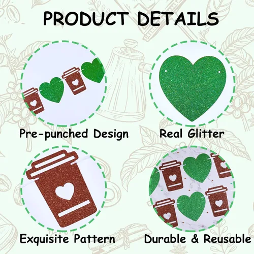 Miniatura 4 de Cartel de barra de café verde, guirnalda de taza con purpurina y corazón, pancarta con leche para cumpleaños, despedida de soltera, compromiso