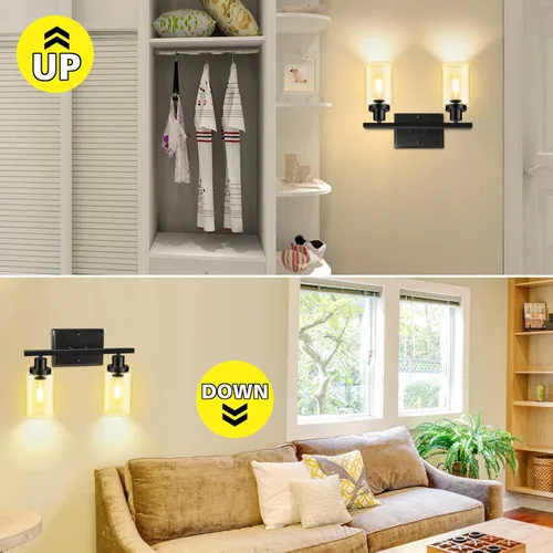 Miniatura 2 de Ascher 2 luces de pared, lámpara de tocador moderna con acabado negro, luz de pared con pantalla de vidrio transparente para espejo, pasillo