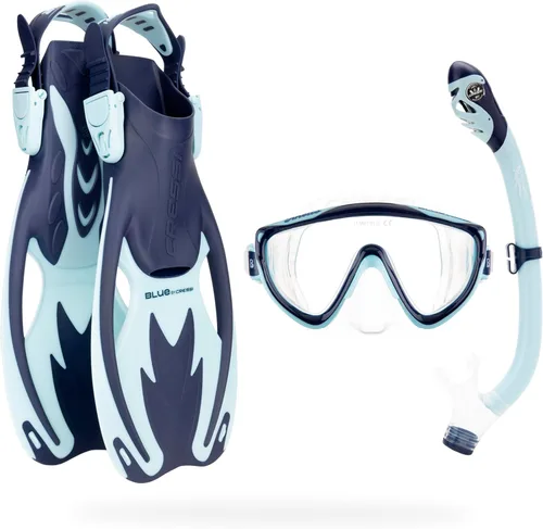 Cressi Conjunto de Snorkel para Niños - Aletas Cortas Ajustables, Máscara de Silicona y Snorkel Seco - Conjunto Seco Tinetto Rocks - Diseñado en