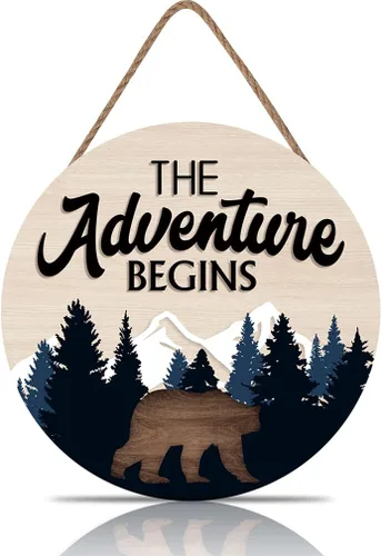 LHIUEM Letrero colgante de madera con texto en inglés "The Adventure Begins", decoración de pared de bosque, con citas inspiradoras de montaña de