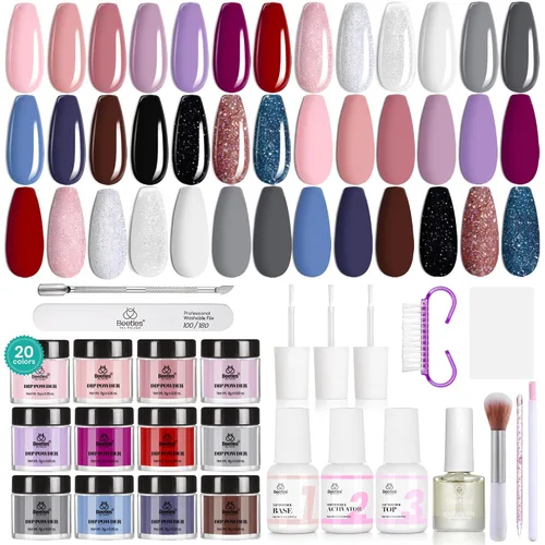 Miniatura 9 de Beetles - Kit de iniciación de uñas en polvo de inmersión, 20 colores, pastel, nude, azul, rosa, purpurina, 36 piezas, juego de polvos de inmersión