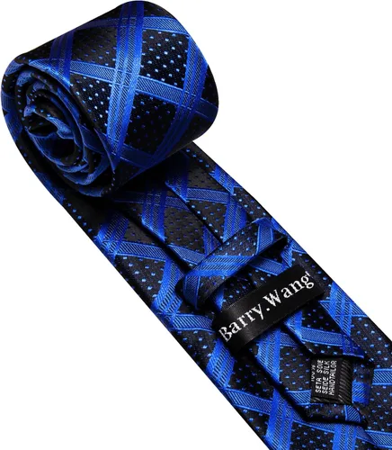Miniatura 49 de Barry.Wang Juego de corbatas a cuadros para hombre con pañuelo gemelos de rayas clásicas