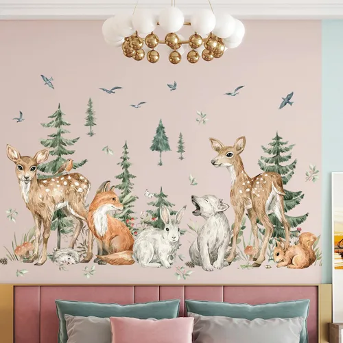 Miniatura 7 de Amaonm - 4 hojas de 12 x 36 pulgadas, calcomanías de pared de árbol de bosque gigante, bosque, ciervo, oso, conejo, zorro, ardilla, pájaros, pino