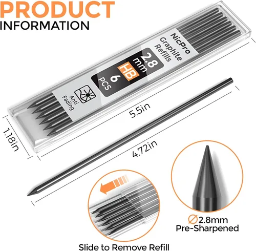 Miniatura 2 de Nicpro 24 Piezas de Recarga de Plomo para Lápices de Carpintero 2.8mm, Plomo Resistente a las Roturas para Lápices de Construcción y Carpintería