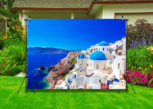 Miniatura 3 de Telón de fondo de tela para fotos de Grecia, Isla Santorini, Oia, Village, fondo de fotografía de Grecia para decoraciones de fiesta temática