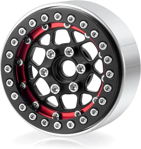Miniatura 6 de Llantas Beadlock de 1.9 pulgadas, 4 unidades, juego de llantas de metal para 1/10 Axial Scx10 TRX-4 D90 CC01 90034 RC Crawler Car (negro y rojo)