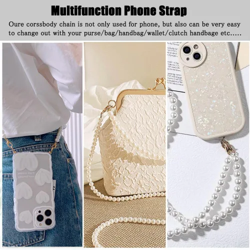 Miniatura 7 de Correa cruzada de perlas para teléfono, cadena con cuentas de perlas para el hombro, con parches de amarre para teléfono, compatible con la mayoría
