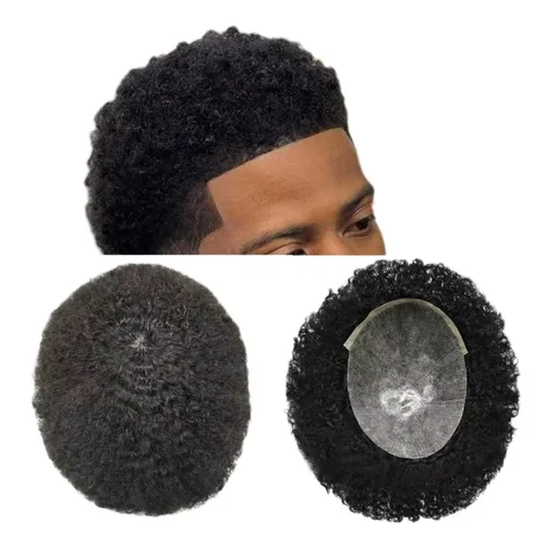 Tupé rizado afro para hombres negros Full Poly African American Curl sistemas de cabello humano inyectado PU Coily Male Hairpieces Poly Hair Units