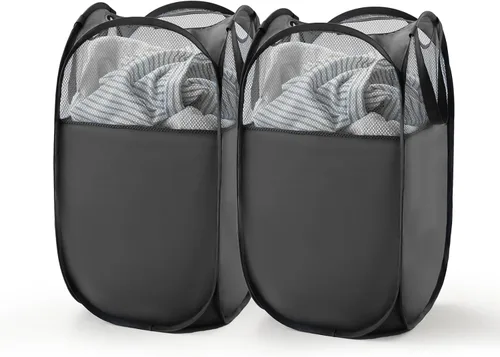 Miniatura 11 de TECHMILLY Cesta plegable de malla para la ropa sucia con asas resistentes y bolsillo lateral, cestas plegables portátiles para ropa para dormitorio
