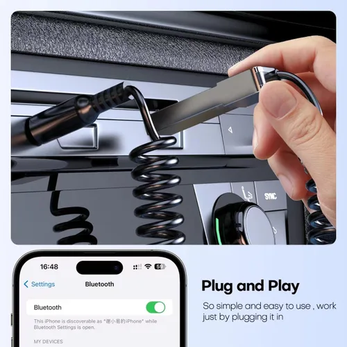 Miniatura 4 de GLOBELEC Adaptador auxiliar a Bluetooth 5.3, receptor adaptador de audio auxiliar USB de 0.138 in con micrófono integrado para llamadas manos
