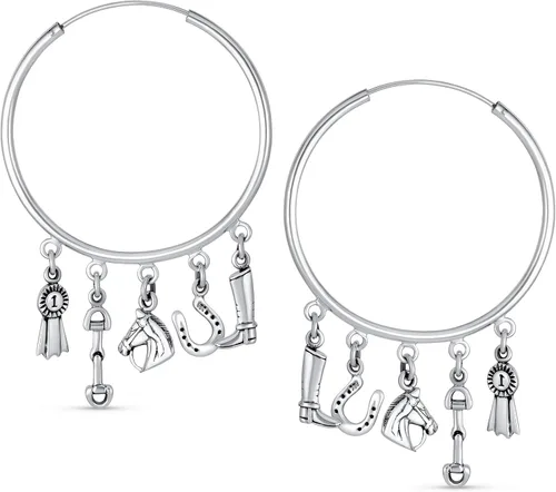 Miniatura 2 de Western Jewelry Blue Ribbon Horse Riding Boot Horseshoe Dangle Multi Charms Cowgirl Equine Gift Equestrian Big Horse Hoop Earrings Bracelet Cuff