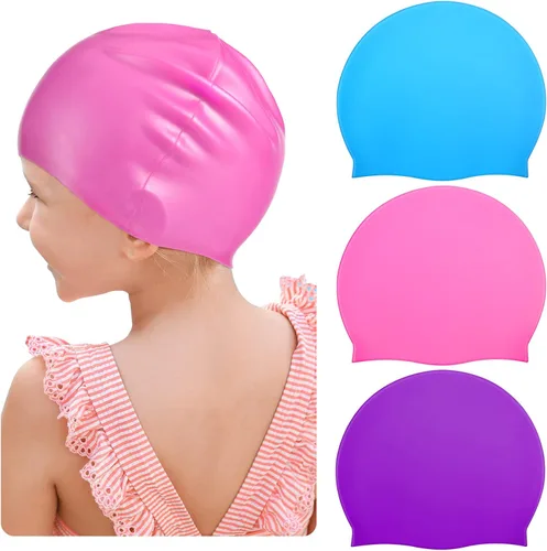 Miniatura 7 de Zhanmai 3 gorras de natación para niños de cabello largo de silicona para niñas y adolescentes con trenzas de pelo largo y rizado, rastas grandes
