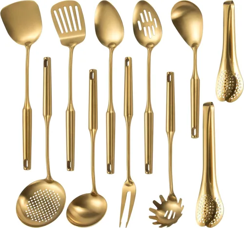 Juego de utensilios de cocina de acero inoxidable 304 mate, 11 piezas de utensilios de cocina de metal largo con espátula, cuchara, cucharón, Dorado