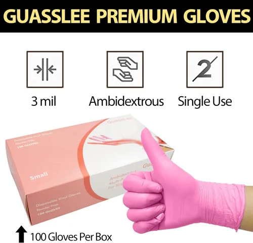 Miniatura 5 de Paquete de 100 guantes desechables de vinilo rosa, sin látex y sin energía, guantes de examen de grado alimenticio para limpieza, preparación