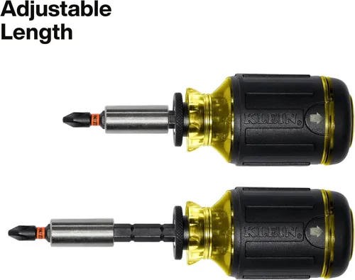 Miniatura 3 de Klein Tools 32308 Destornillador de Stubby Multi-bit, Herramienta magnética ajustable con 8 en 1 de impacto con Phillips, ranurado, cuadrado