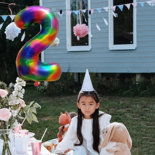 Miniatura 4 de Globo arcoíris número 2 globos de números para cumpleaños, globos de números de 40 pulgadas, globos de helio, teñido anudado, suministros de fiesta