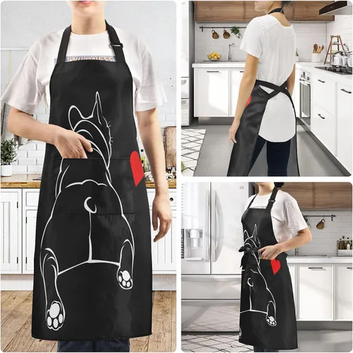 Miniatura 6 de ALAZA Bulldog - Delantal negro para cachorros franceses para hombres y mujeres, chef con bolsillos para cocina, barbacoa, regalos de trabajo, correa