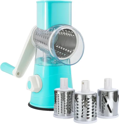 Rallador rotativo de queso, rallador de cocina con 3 cuchillas de tambor, cortador manual de verduras y trituradora para verduras y nueces - Base de