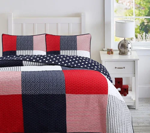 Miniatura 17 de Cozy Line Home Fashions Juego de ropa de cama acolchada reversible para niño de 100% algodón a rayas azul marino, colcha cubrecama para todas